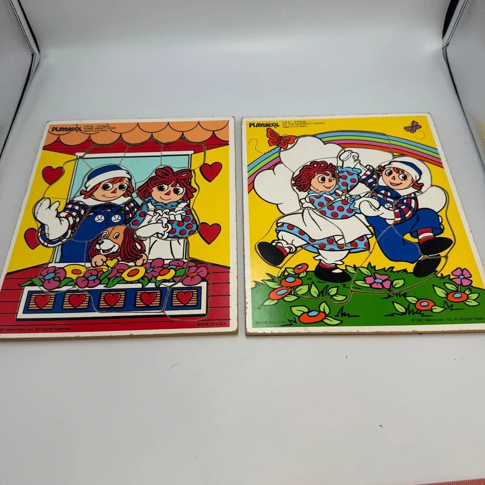 Vintage 1987 Playskool Raggedy Ann Andy Wood Tray Puzzles Set 216-05 216-01